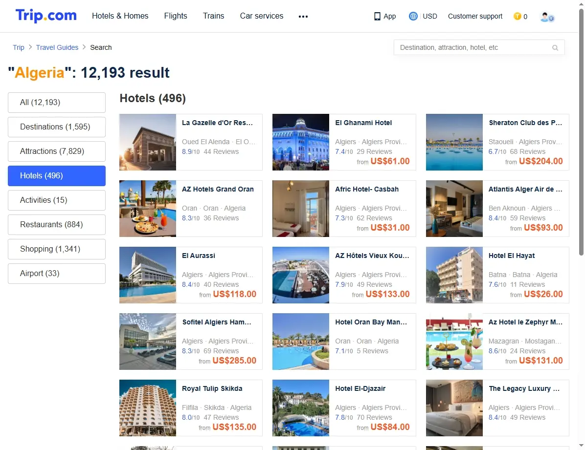 Capture d'écran de site de réservation d'hôtels en Algérie