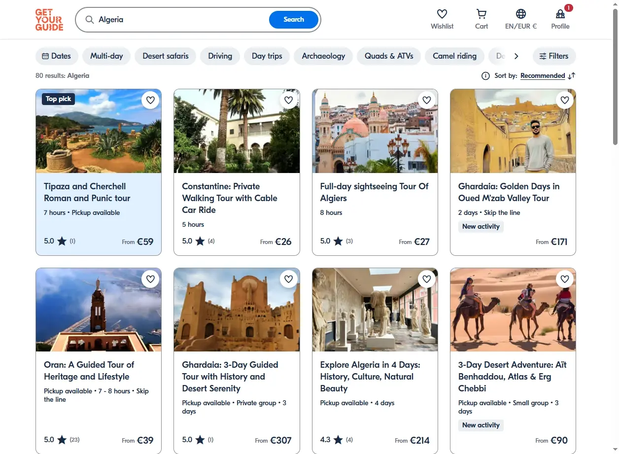 Capture d'écran de site de réservation d'activités en Algérie