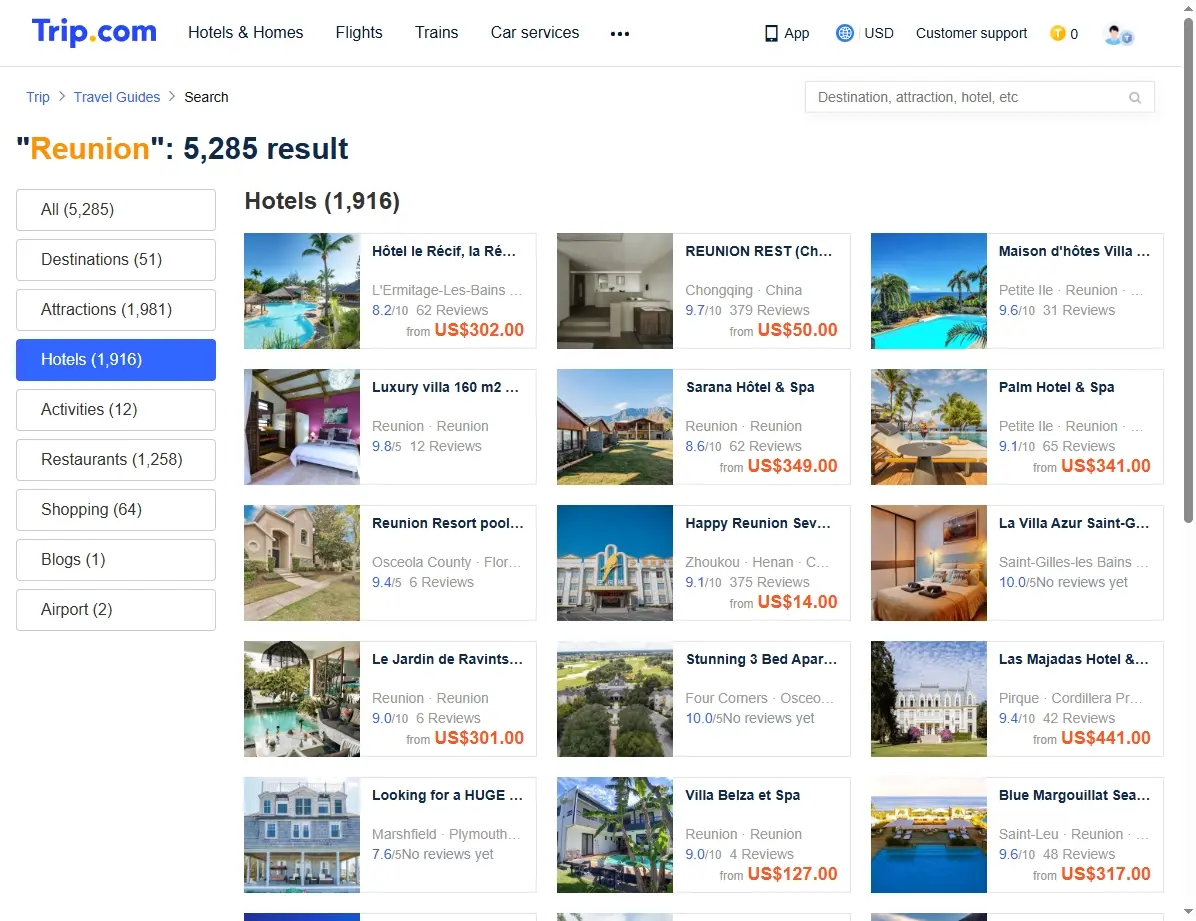 Capture d'écran de l'offre d'hôtels à La Réunion