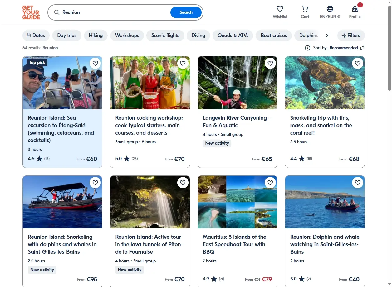 Capture d'écran des activités et excursions à La Réunion