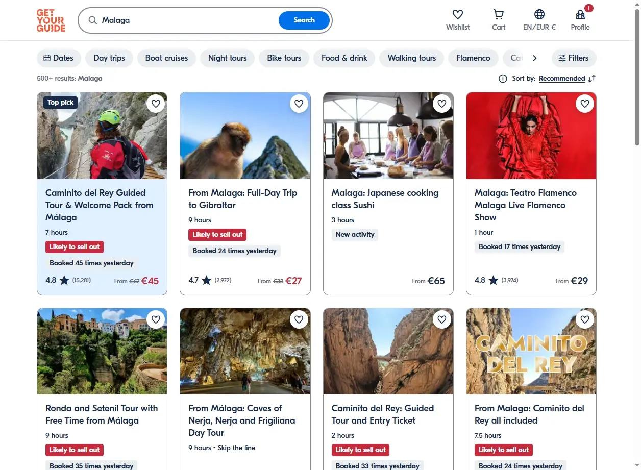 Capture d'écran de la page de réservation d'activités à Malaga