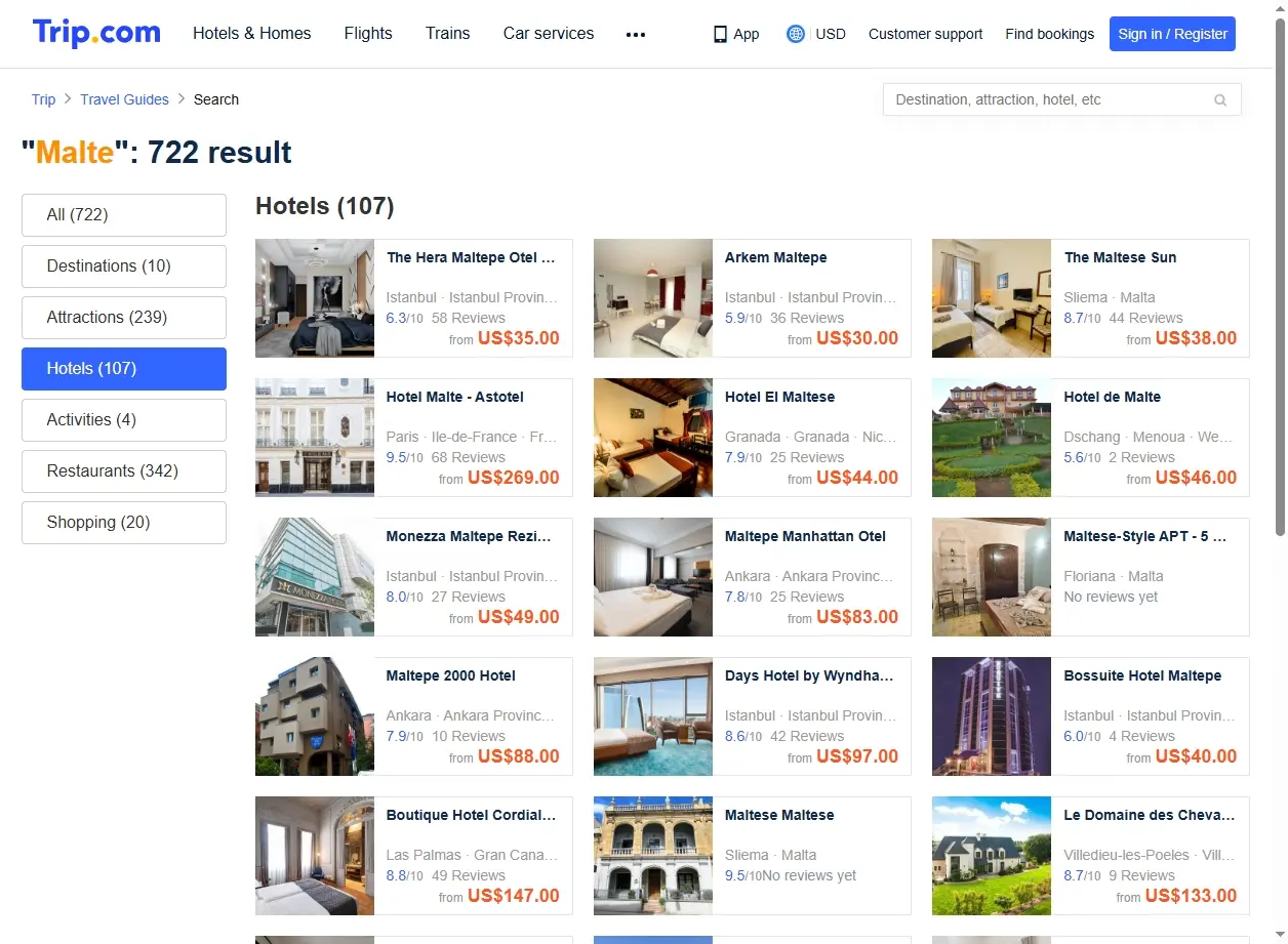 Capture d'écran de la recherche d'hôtels à Malte sur Trip.com