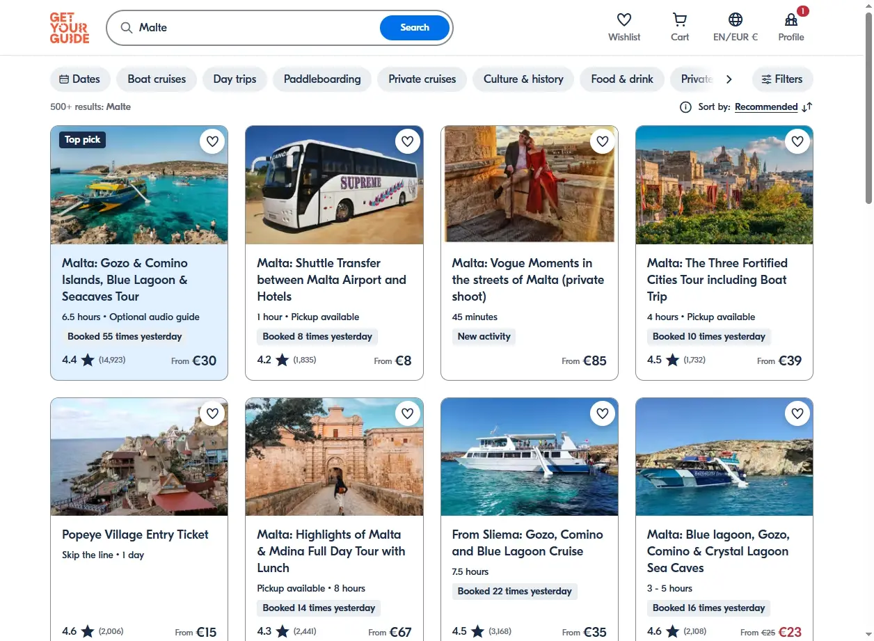 Capture d'écran de la recherche d'activités et excursions à Malte sur GetYourGuide