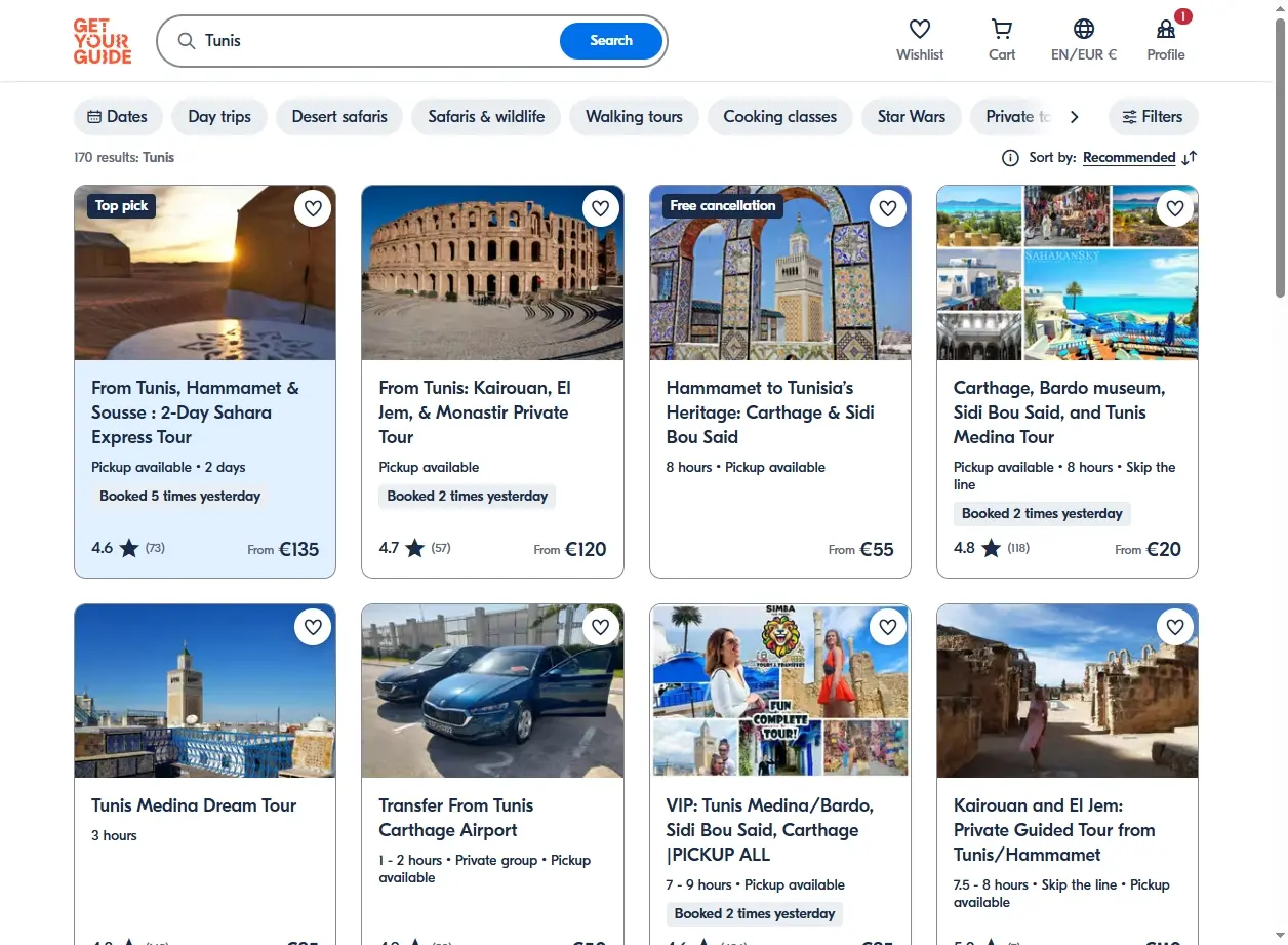Capture d'écran des activités et visites guidées à Tunis