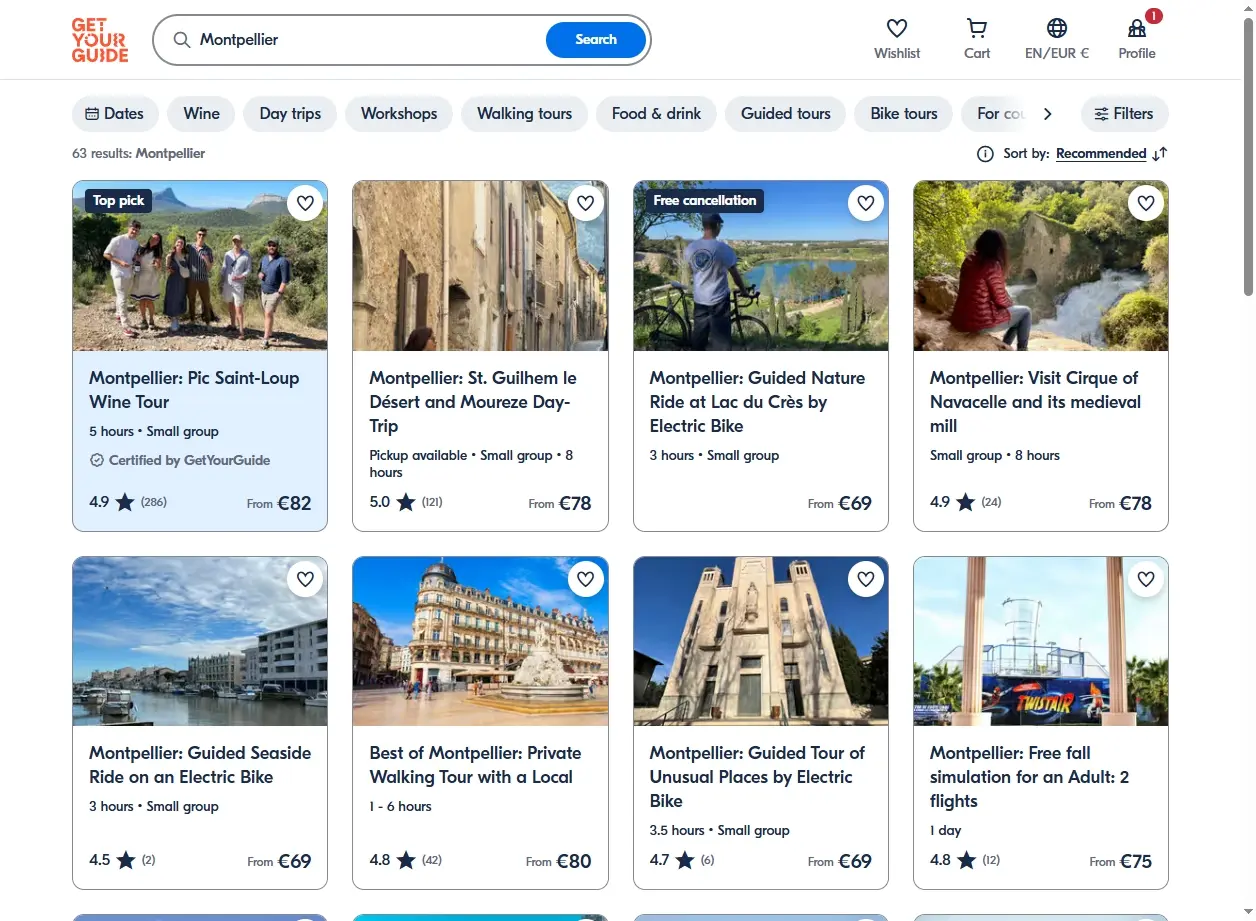 Capture d'écran de l'interface de réservation d'activités pour Montpellier