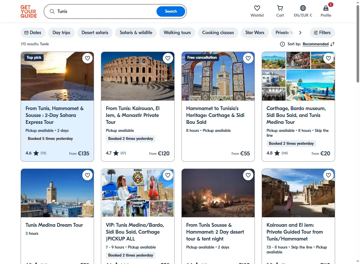 Capture d'écran de site d'activités touristiques à Tunis