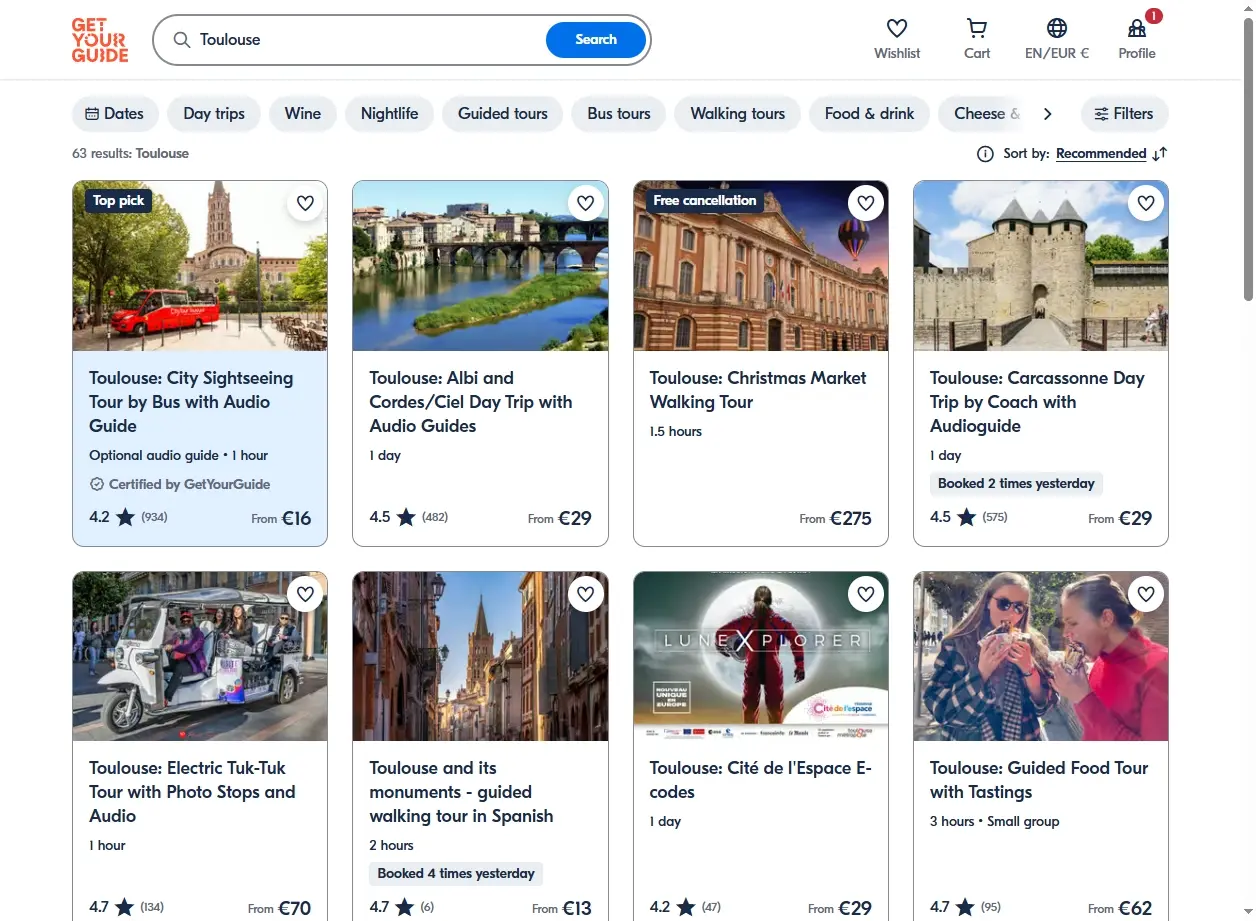 Capture d'écran de site de réservation d'activités pour Toulouse