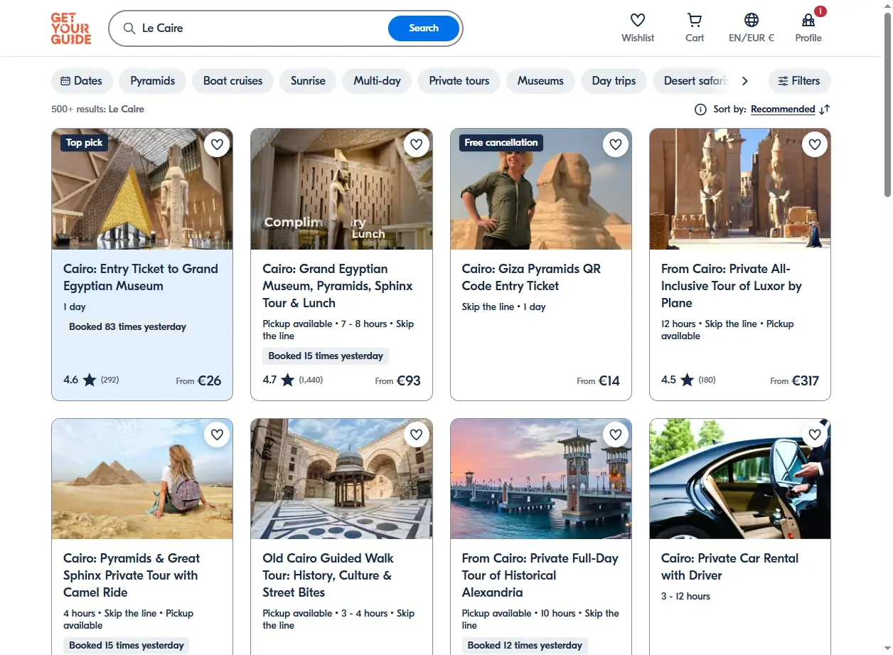 Capture d'écran de site d'activités pour les Pyramides de Gizeh