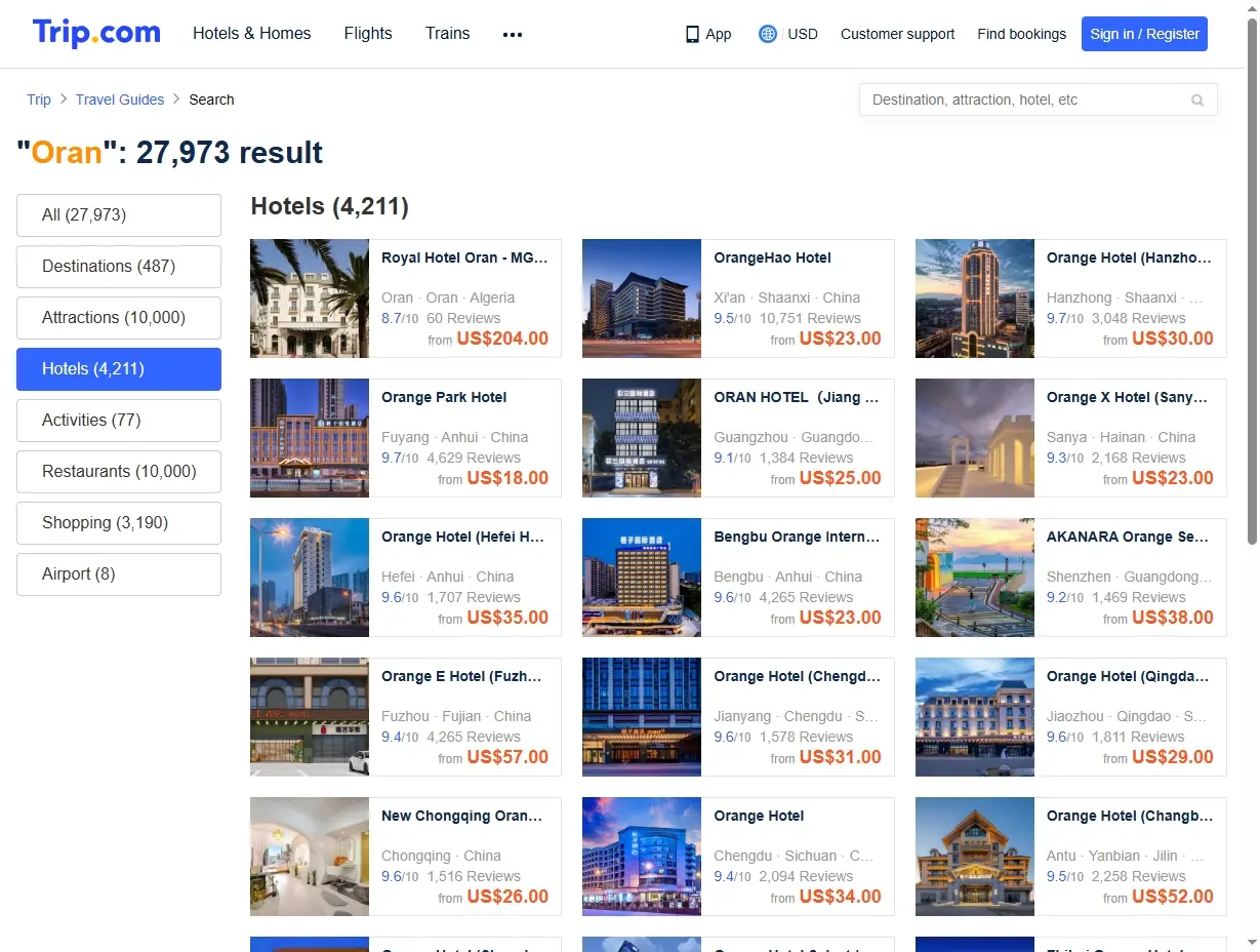 Capture d'écran de Trip.com montrant des offres d'hôtels à Oran
