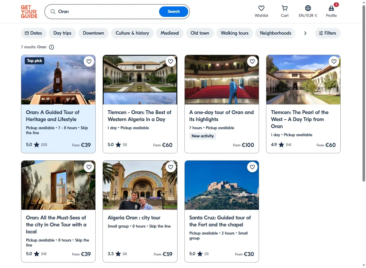 Capture d'écran de GetYourGuide montrant des activités à Oran