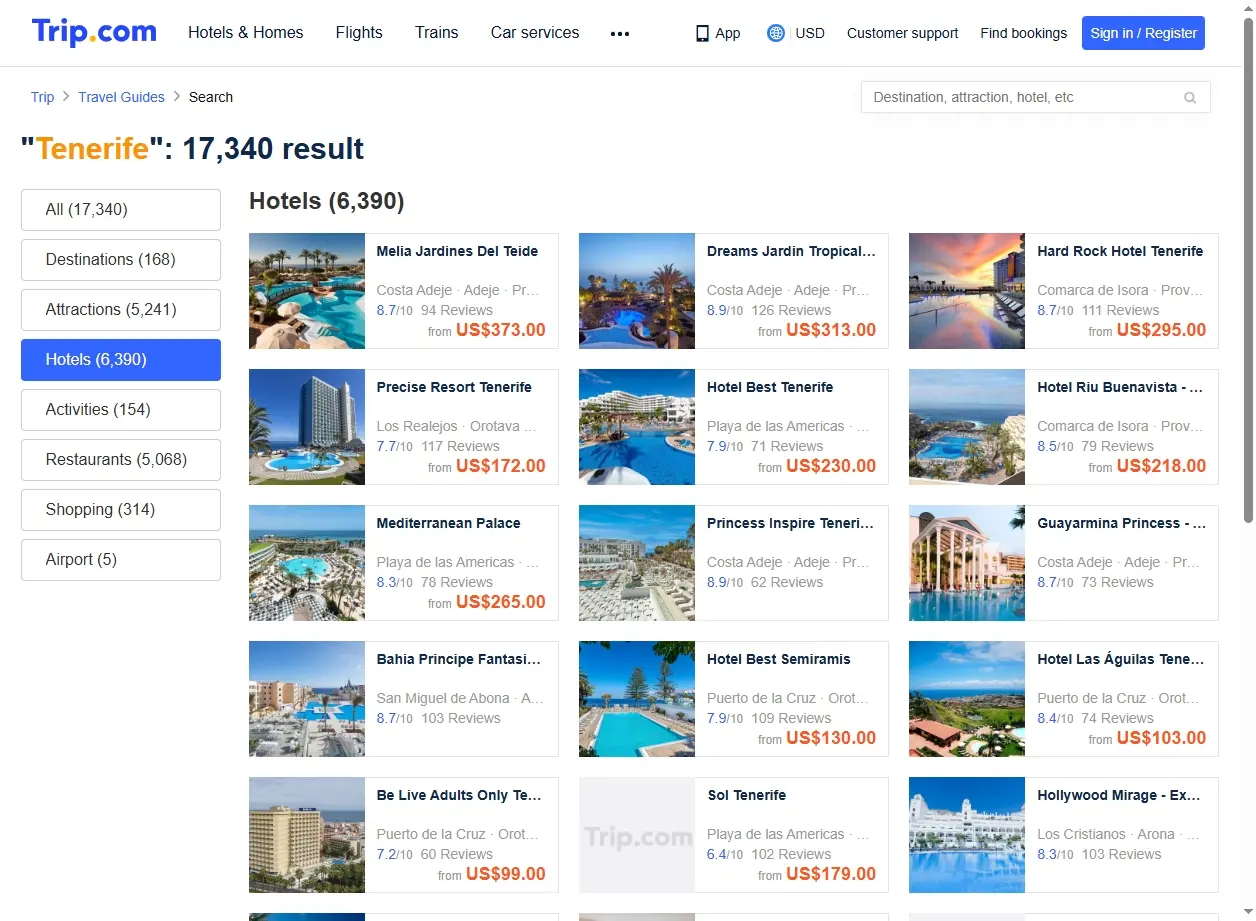 Sélection d'hôtels et de logements disponibles à Tenerife pour tous les budgets.