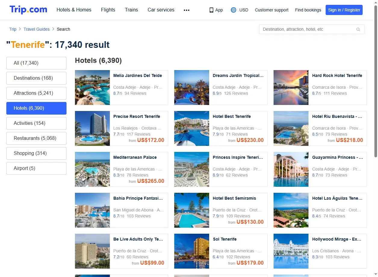 Capture d'écran de l'interface de réservation d'hôtels pour Tenerife
