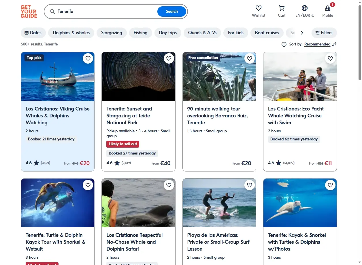 Capture d'écran de l'interface de réservation d'activités pour Tenerife