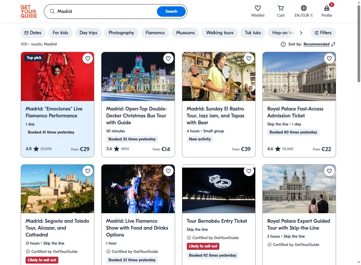 Capture d'écran de GetYourGuide montrant des activités et visites guidées à Madrid.