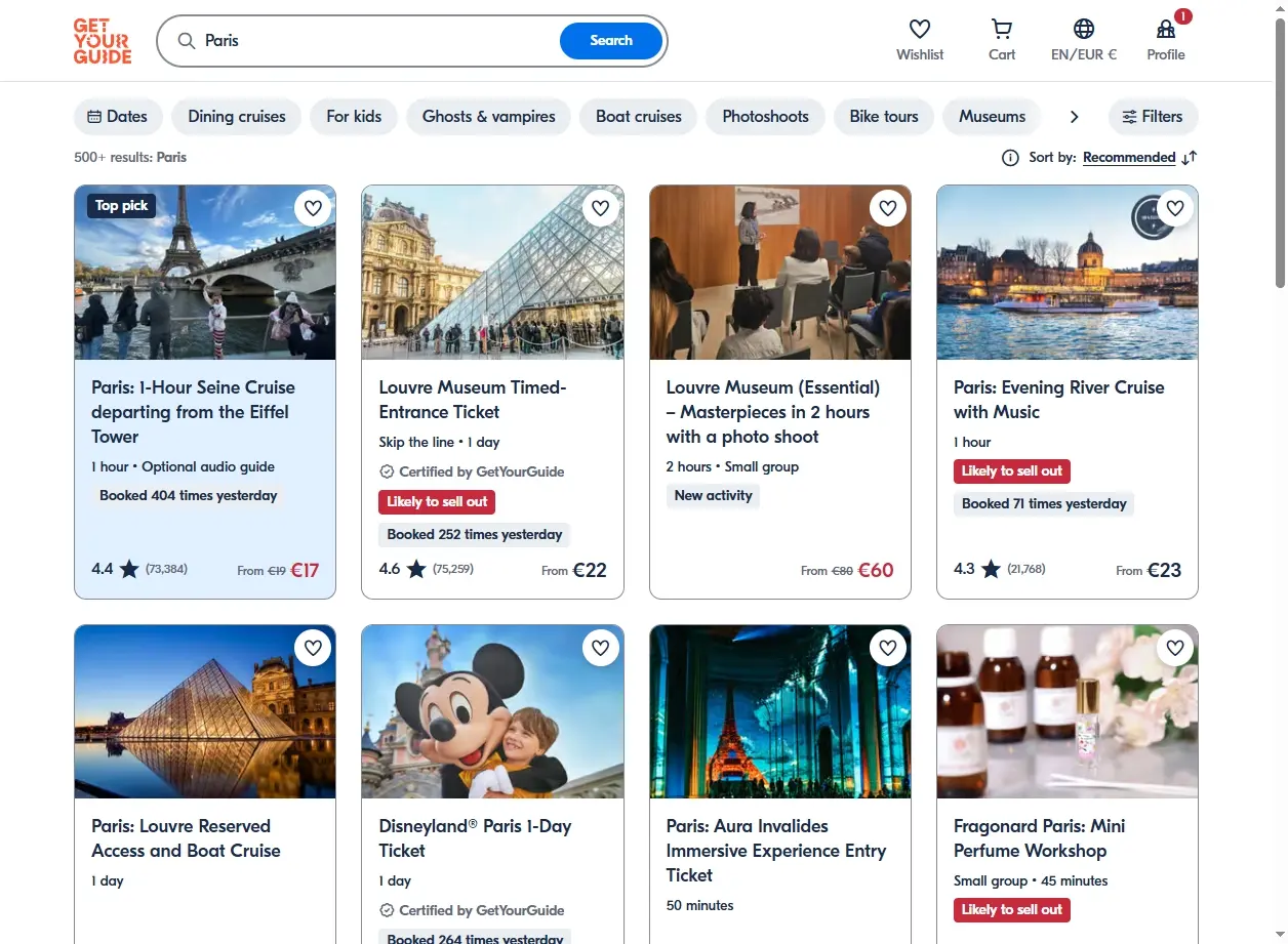 Capture d'écran de tours et activités à Paris sur un site d'expériences