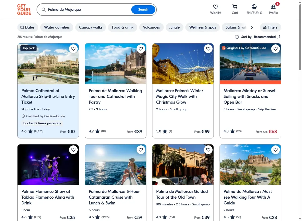 Capture d'écran de la page d'activités et excursions à Palma de Majorque
