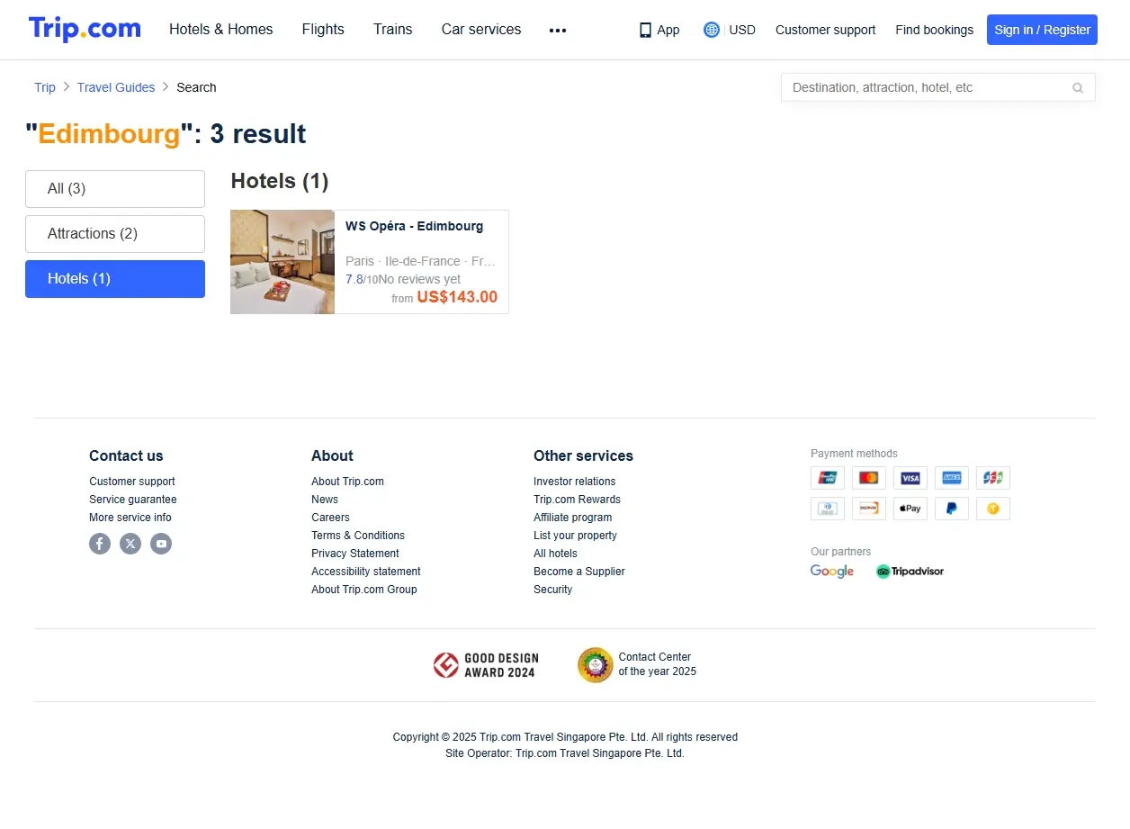 Sélection d'hôtels abordables et luxueux à Édimbourg sur une plateforme de réservation.