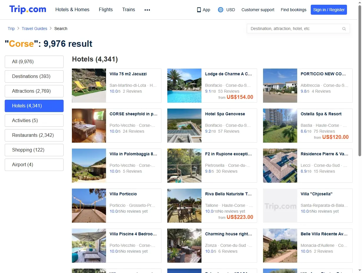 Interface de recherche d'hôtels en Corse sur Trip.com