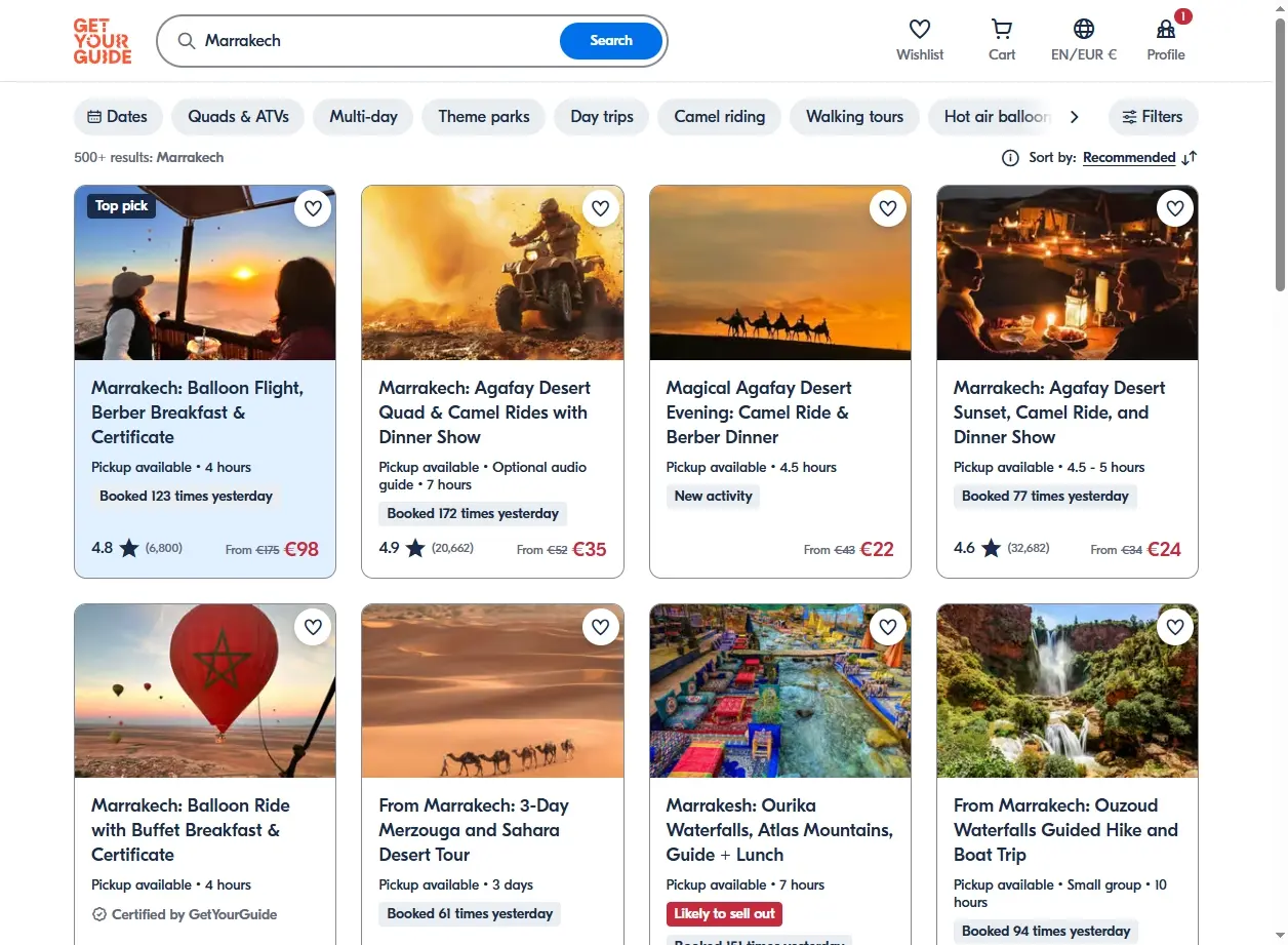 Capture d'écran de GetYourGuide montrant les activités et excursions à Marrakech