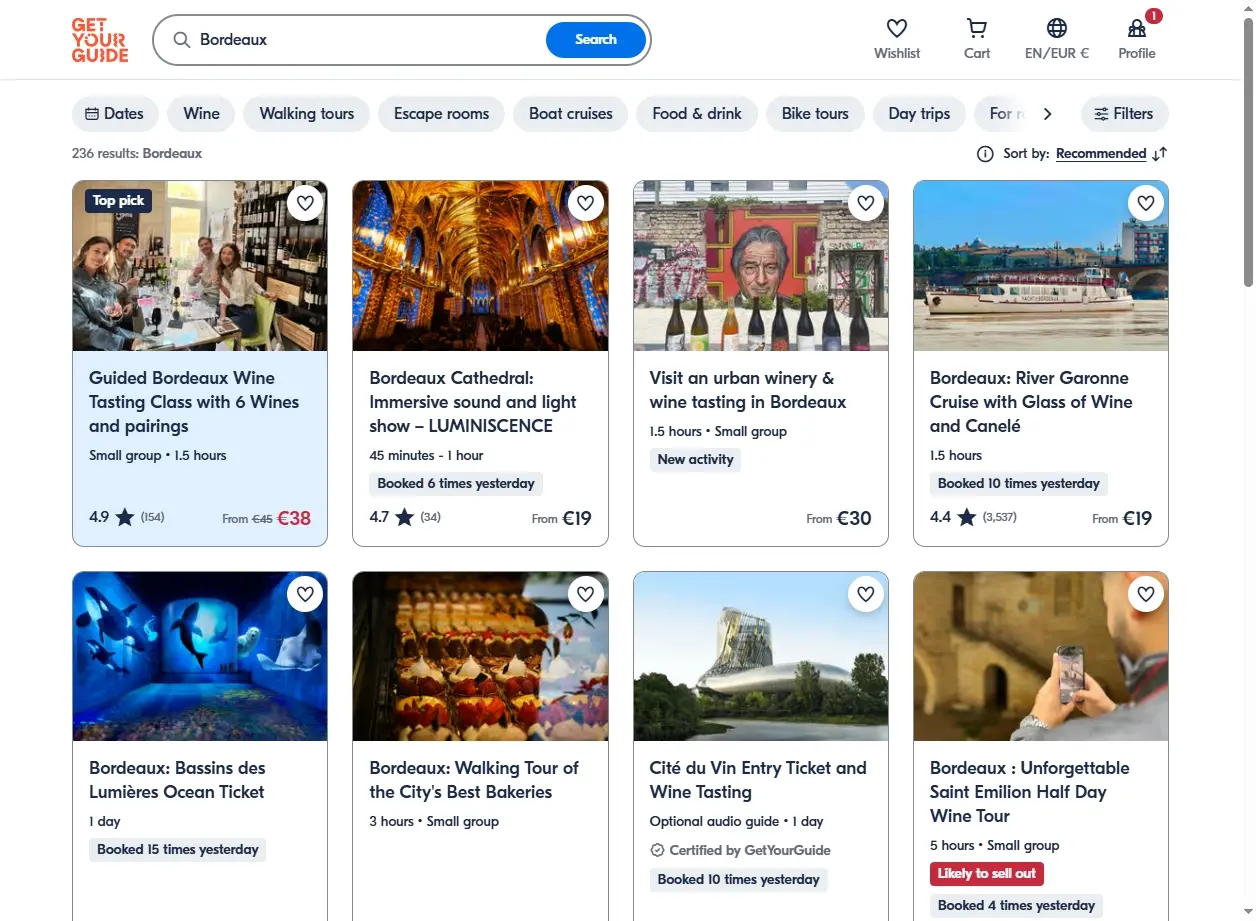 Capture d'écran de la page d'activités à Bordeaux sur GetYourGuide