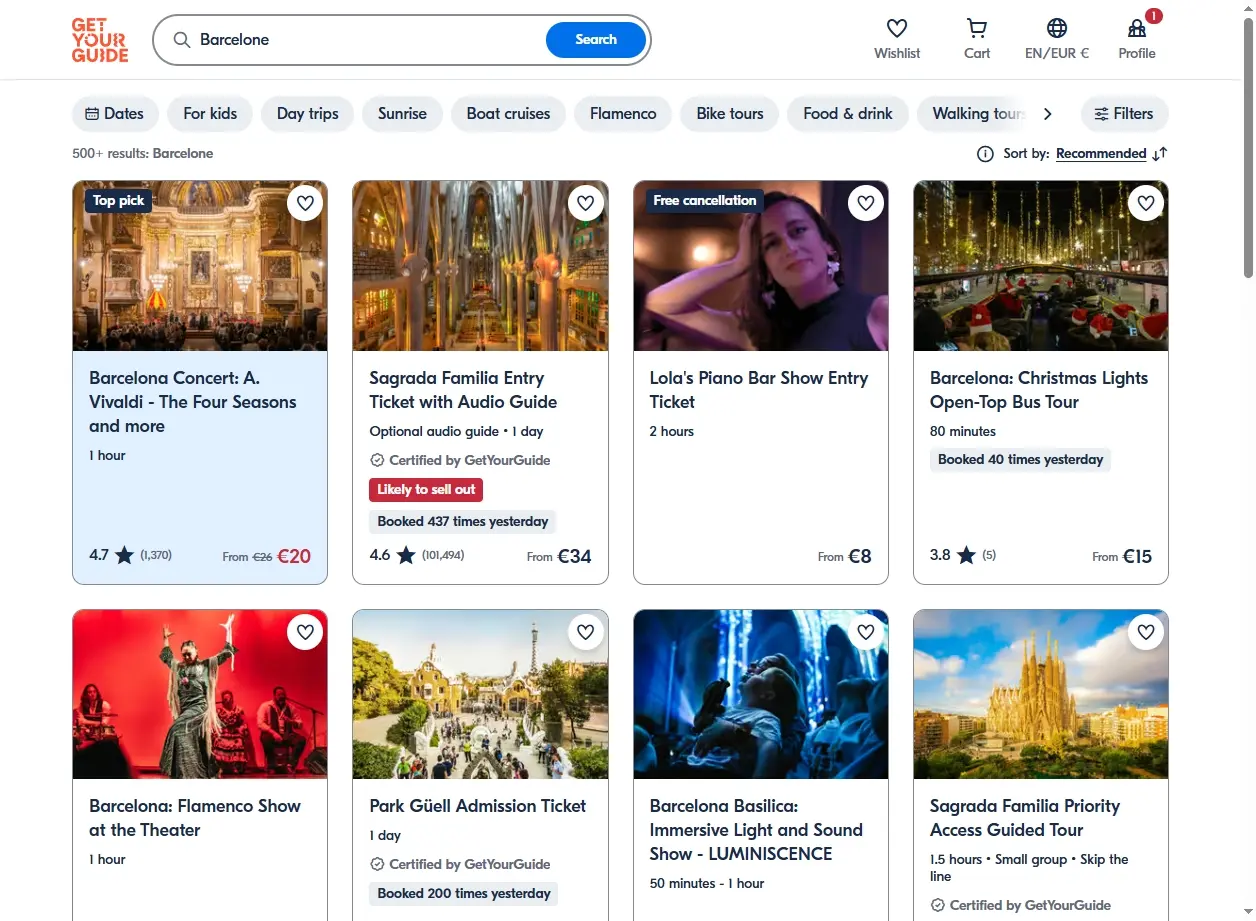 Capture d'écran des activités touristiques à Barcelone