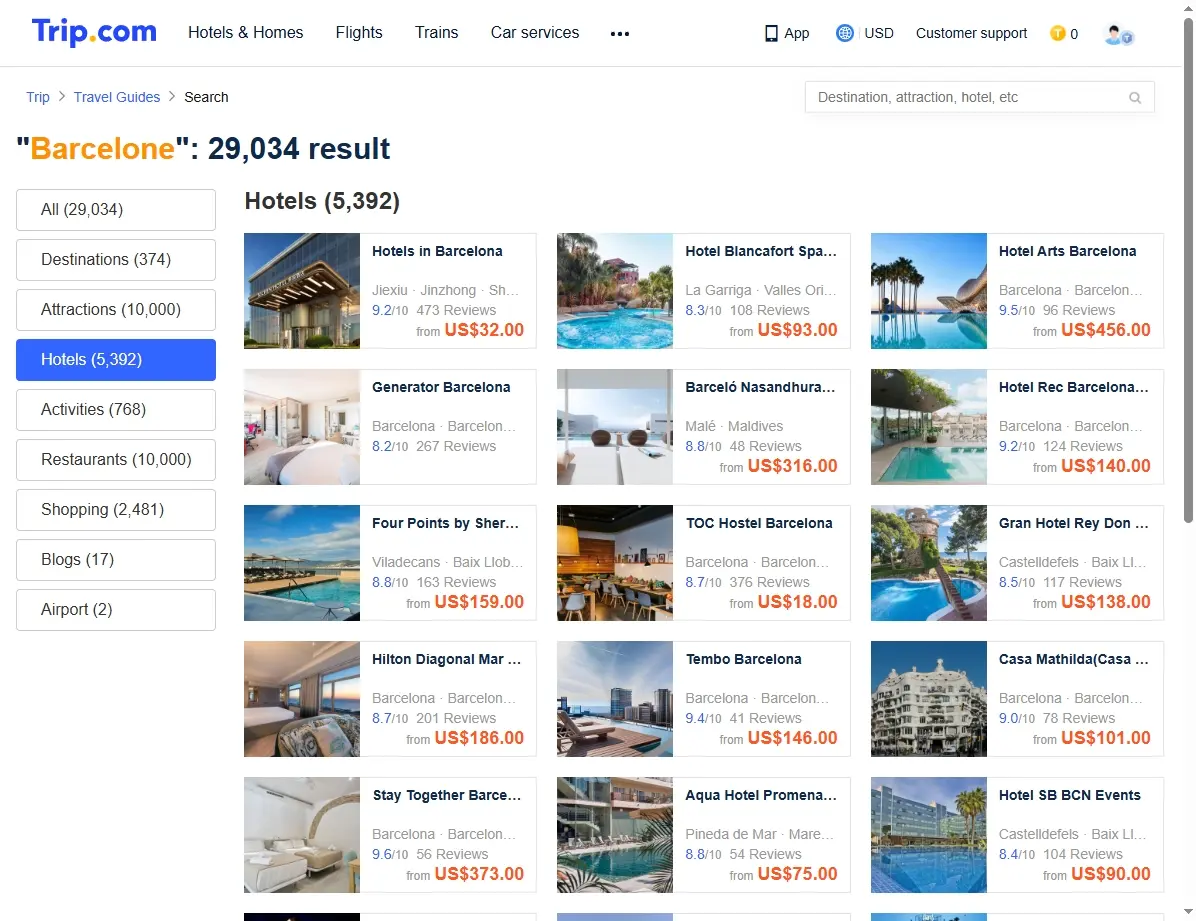 Offres d'hôtels à Barcelone, capture d'écran de Trip.com
