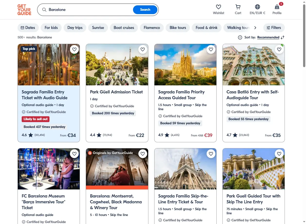 Offres d'activités et excursions à Barcelone, capture d'écran de GetYourGuide