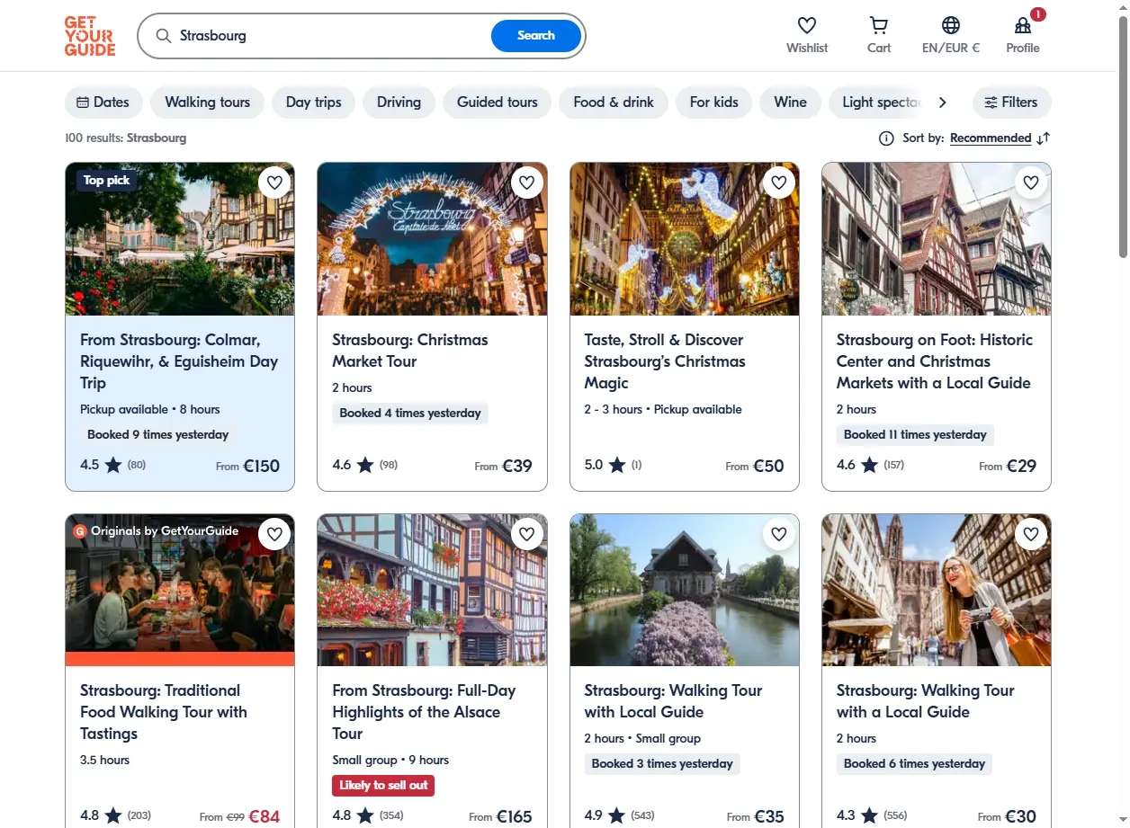Capture d'écran de l'interface de recherche d'activités à Strasbourg.