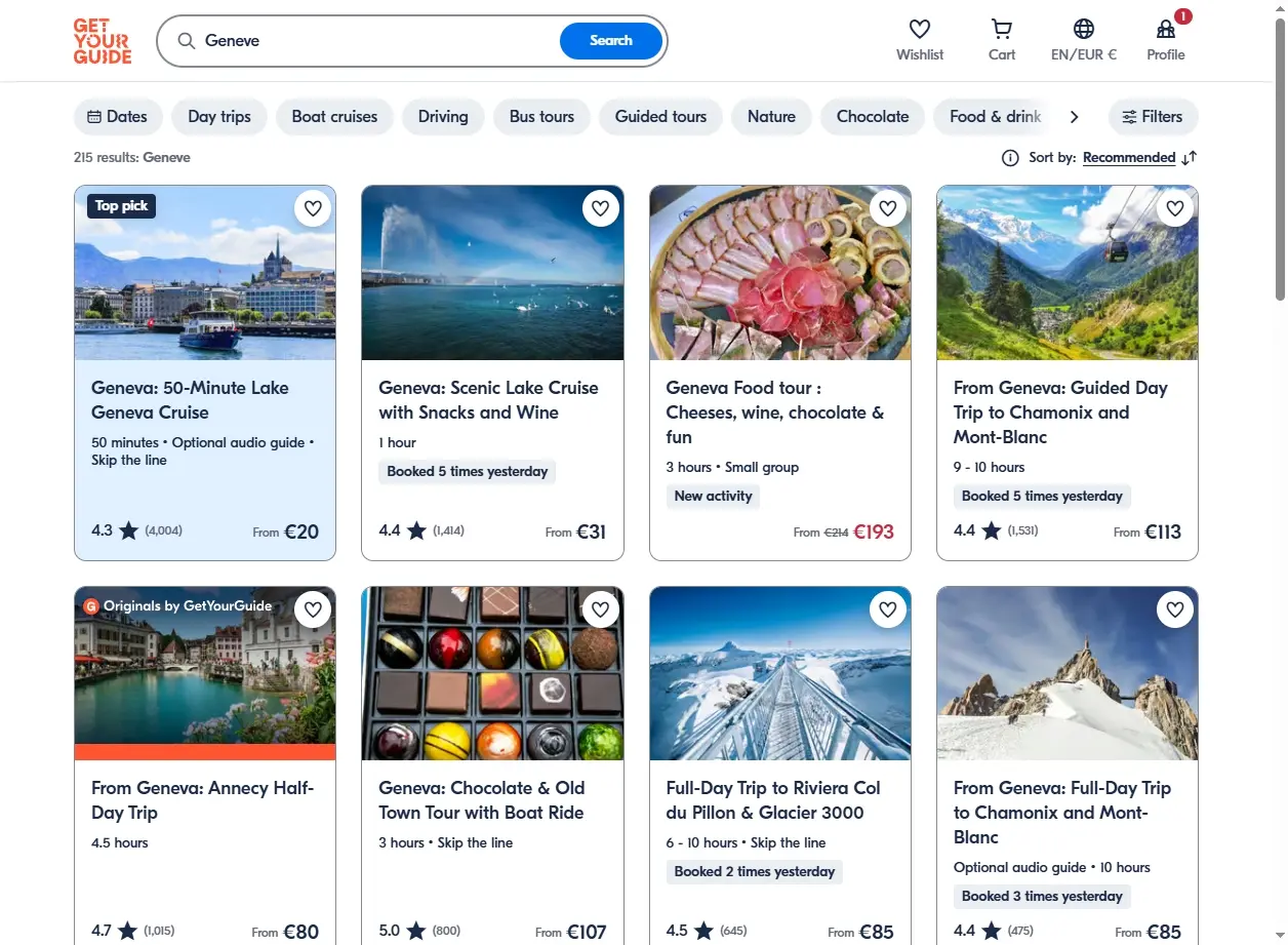 Capture d'écran de GetYourGuide montrant des visites et activités à Genève