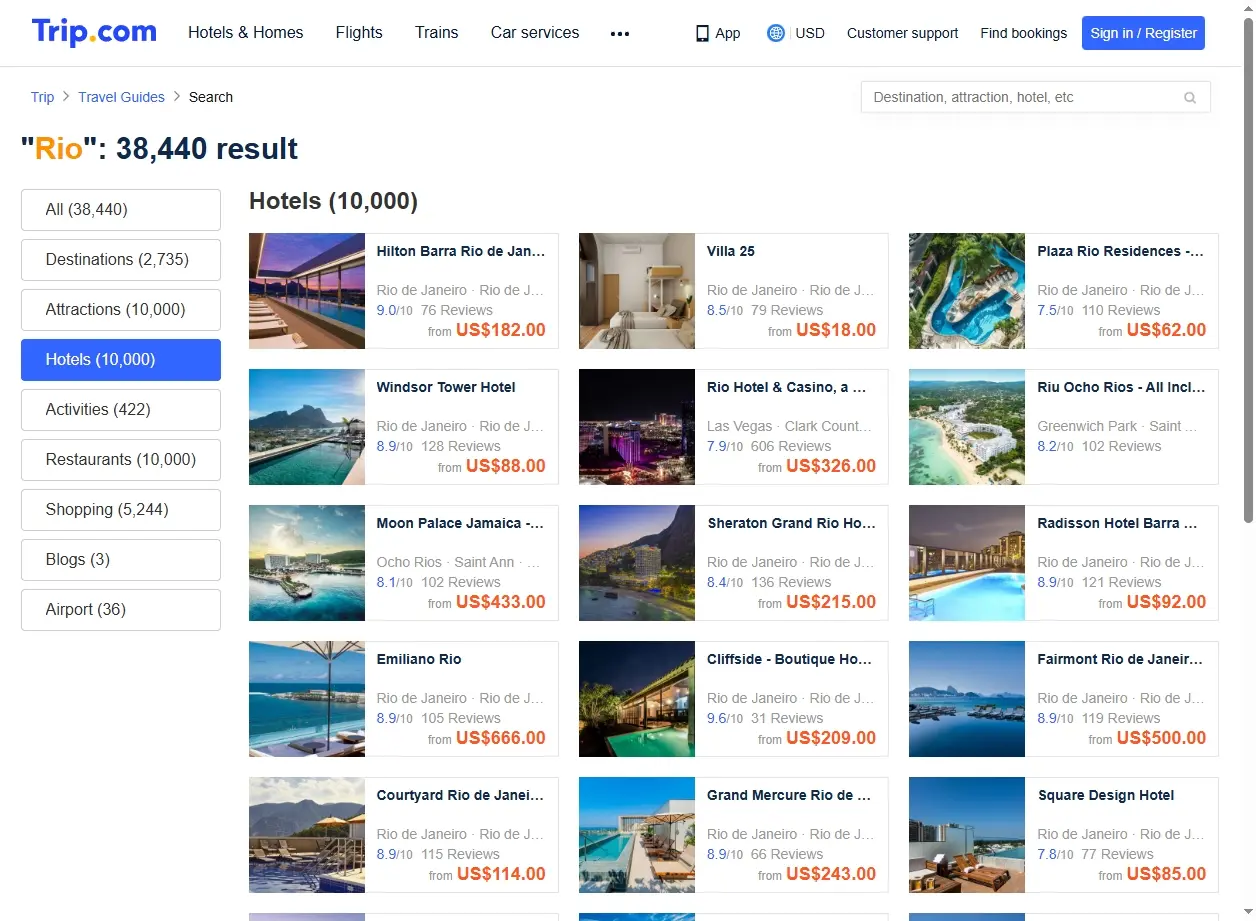 Capture d'écran de Trip.com montrant des hôtels à Rio de Janeiro