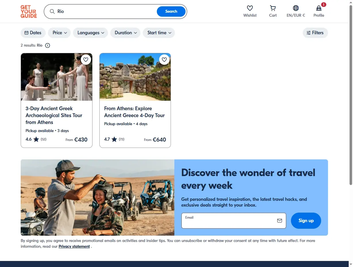 Capture d'écran de GetYourGuide montrant des activités à Rio de Janeiro