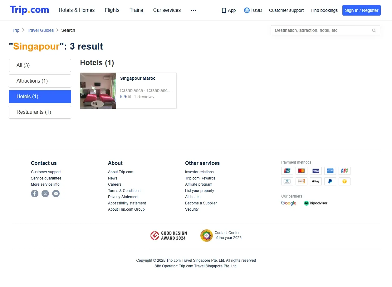 Capture d'écran de page d'offres d'hôtels à Singapour