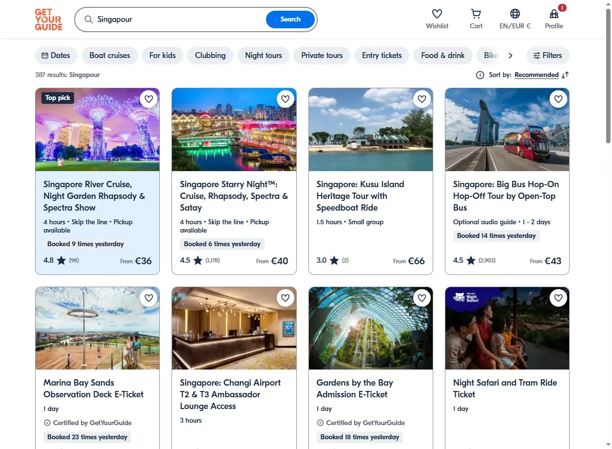 Capture d'écran de page d'offres d'activités à Singapour