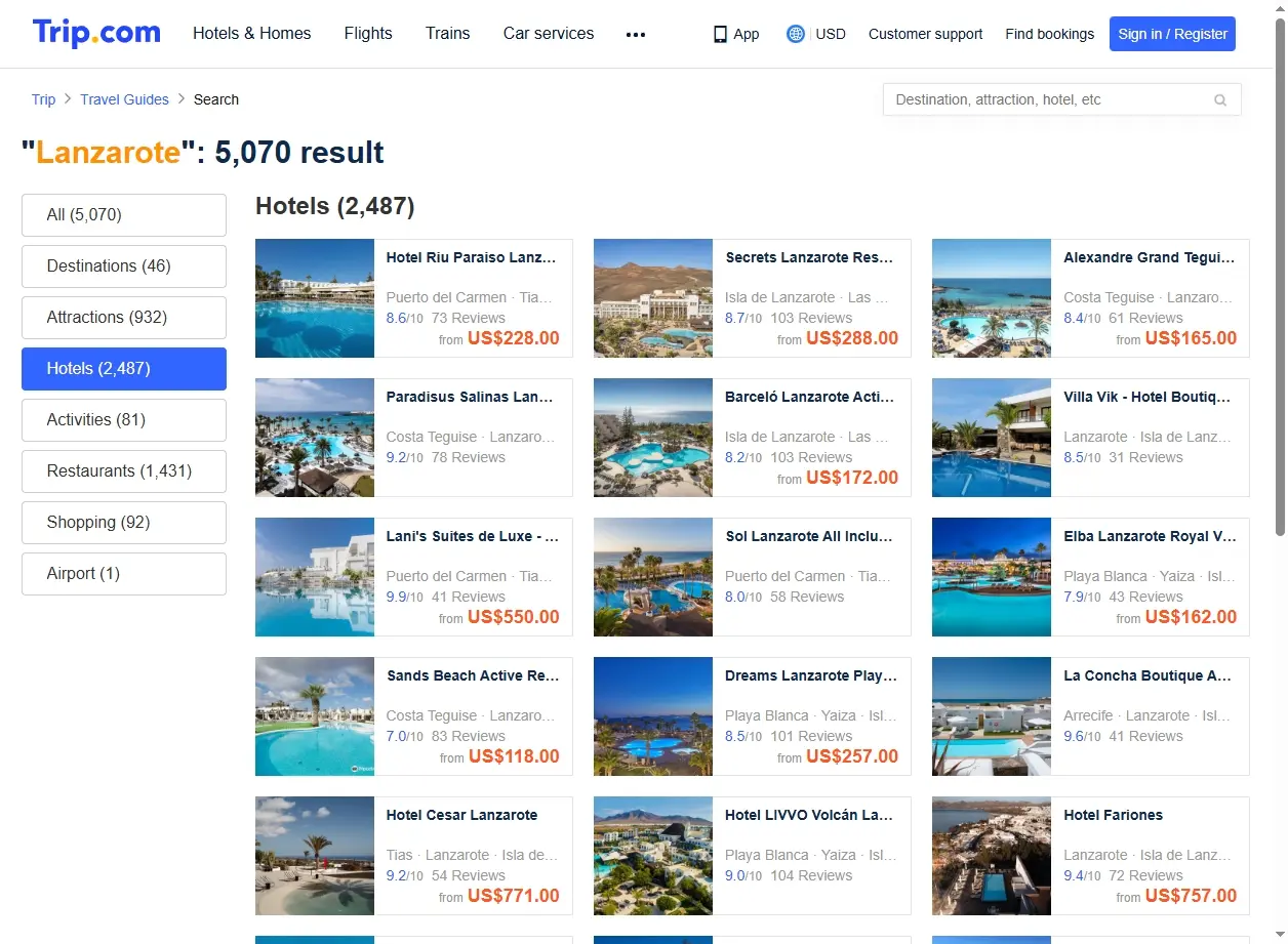 Offres d'hôtels et d'hébergements disponibles à Lanzarote