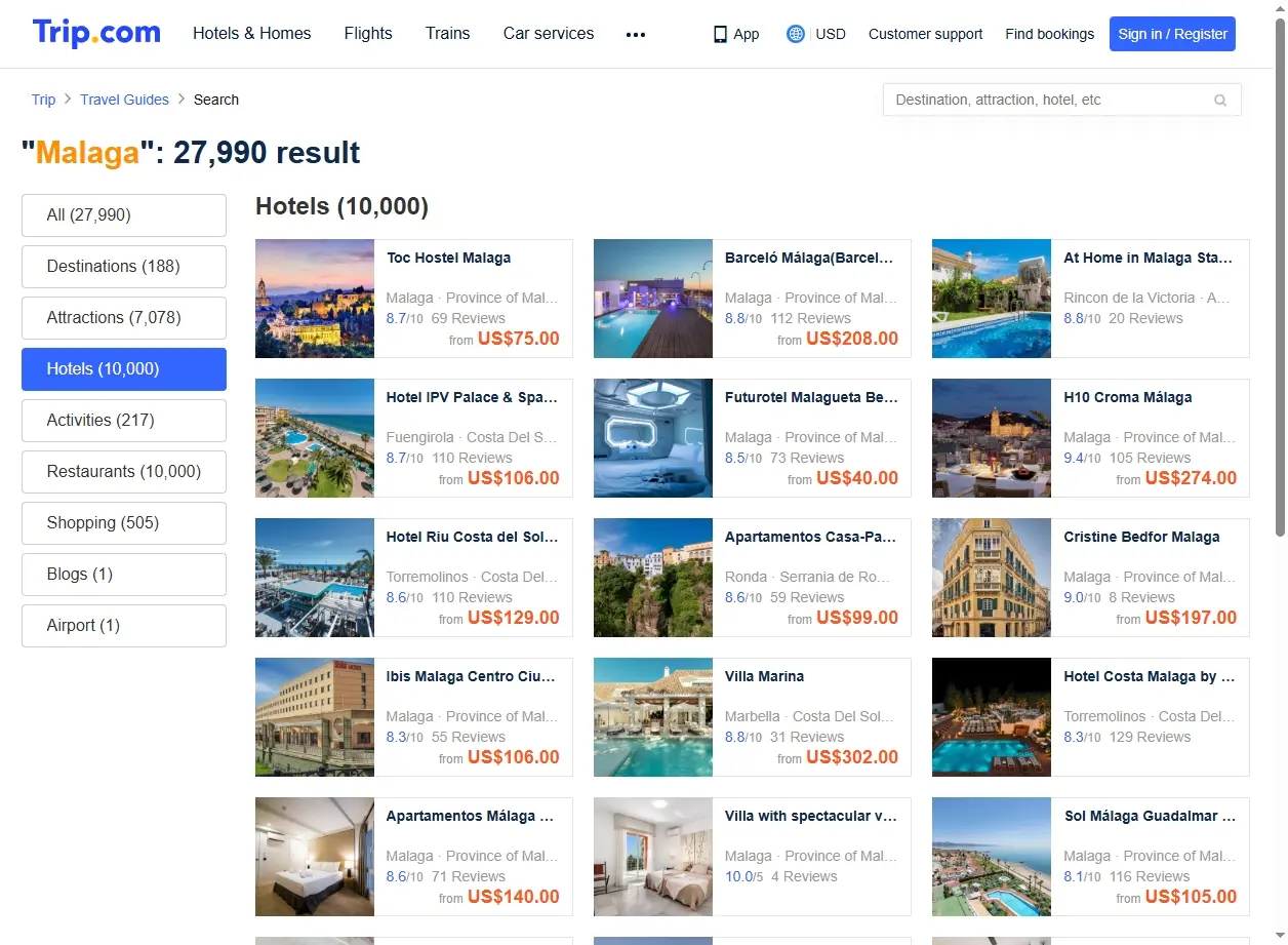 Capture d'écran de site d'hôtels pour Malaga