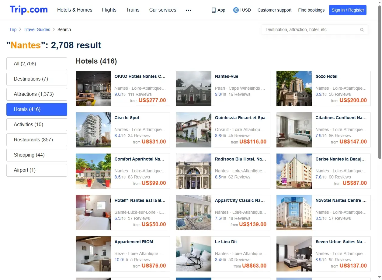 Interface de recherche d'hôtels à Nantes