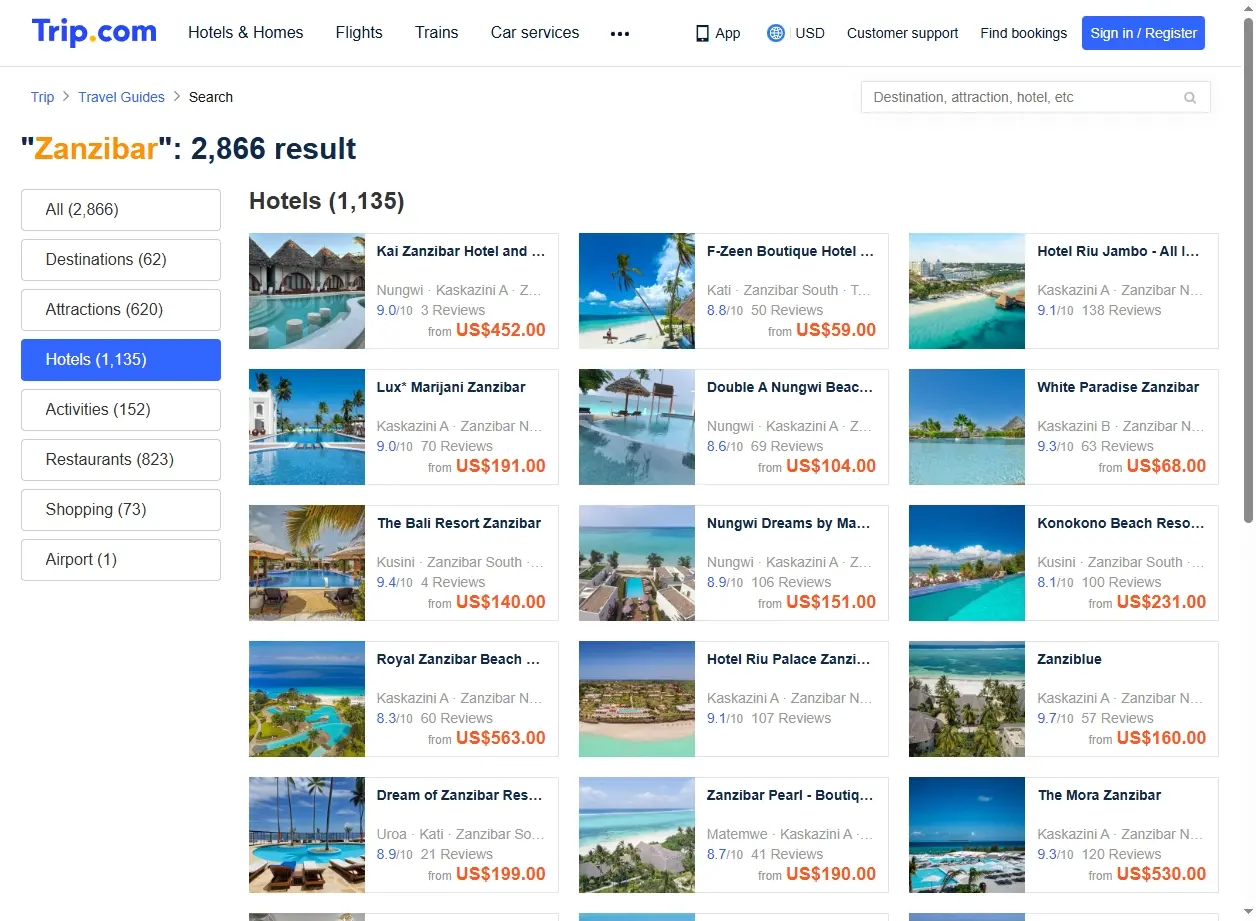 Sélection d'hôtels et complexes hôteliers à Zanzibar