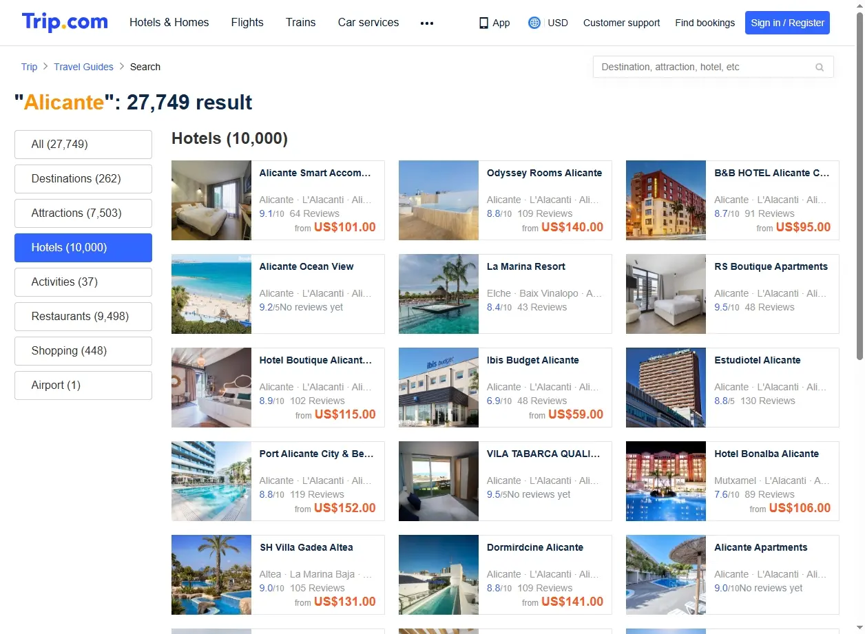 Capture d'écran de la plateforme d'hôtels Trip.com affichant des offres pour Alicante.