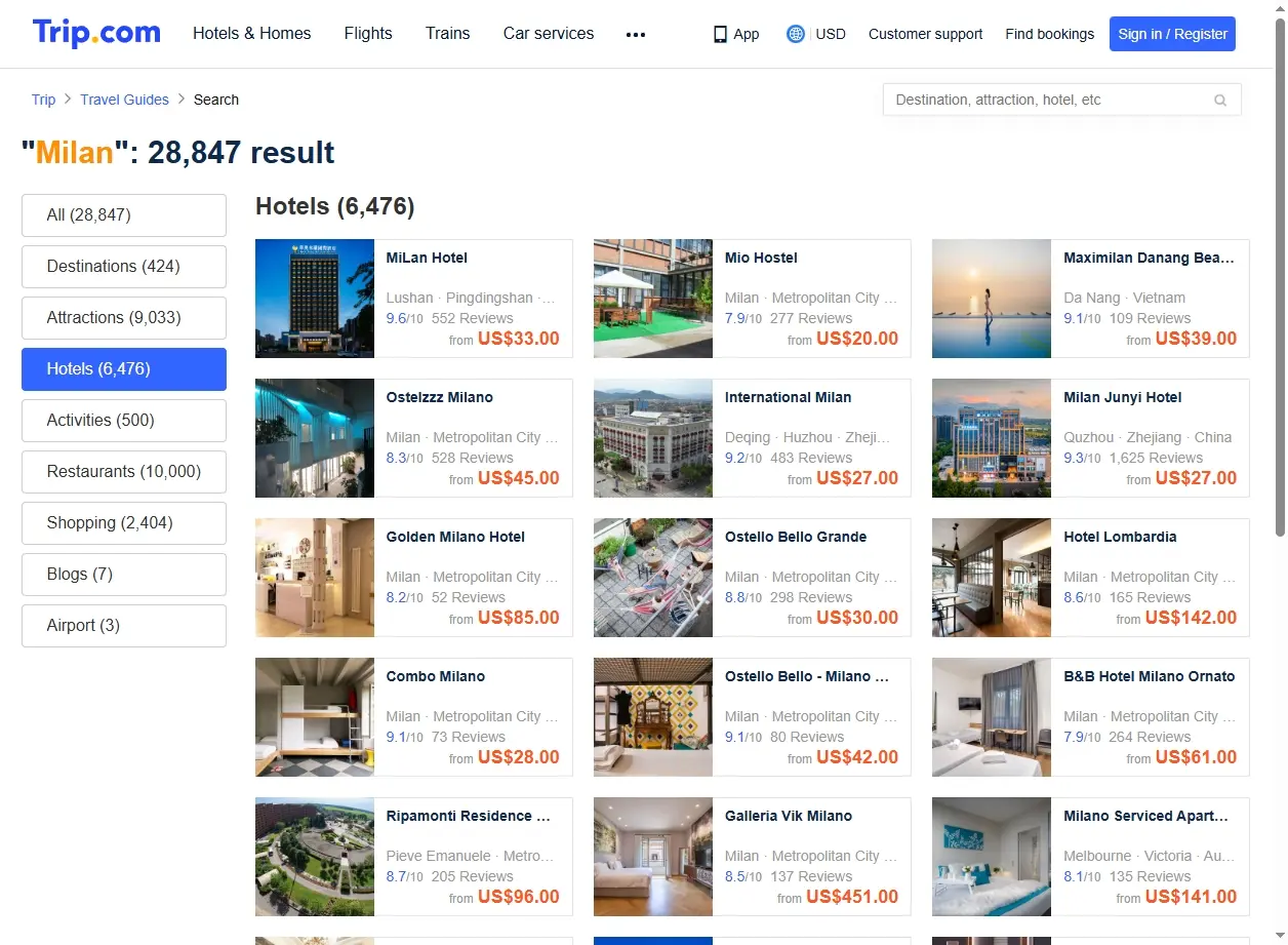 Capture d'écran de Trip.com montrant des offres d'hôtels à Milan
