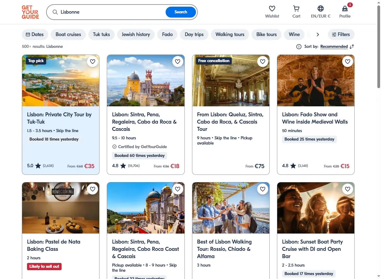 Capture d'écran de GetYourGuide montrant des visites guidées à Lisbonne