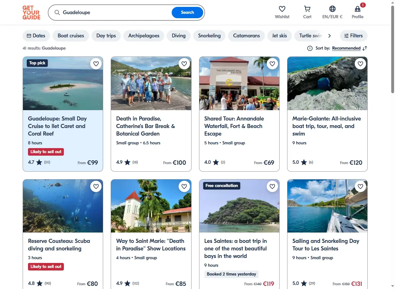 Capture d'écran des activités et excursions en Guadeloupe