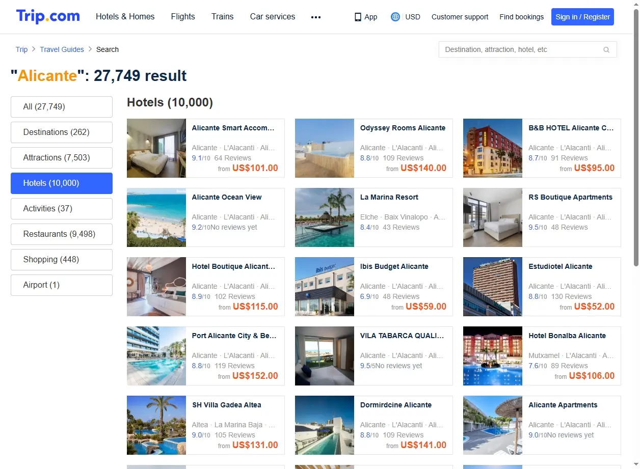 Capture d'écran de Trip.com montrant des offres d'hôtels à Alicante
