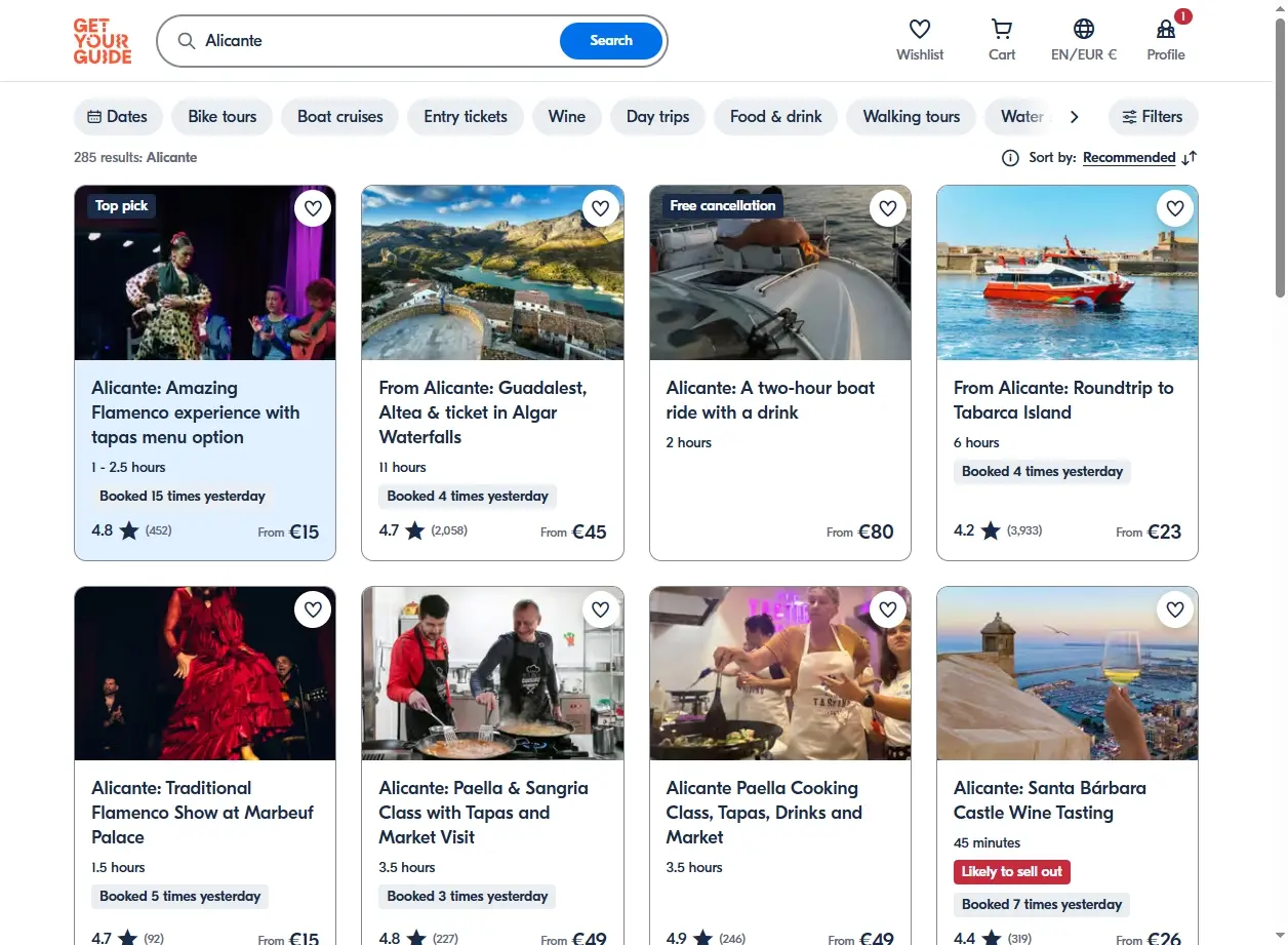 Capture d'écran de GetYourGuide montrant des activités à faire à Alicante