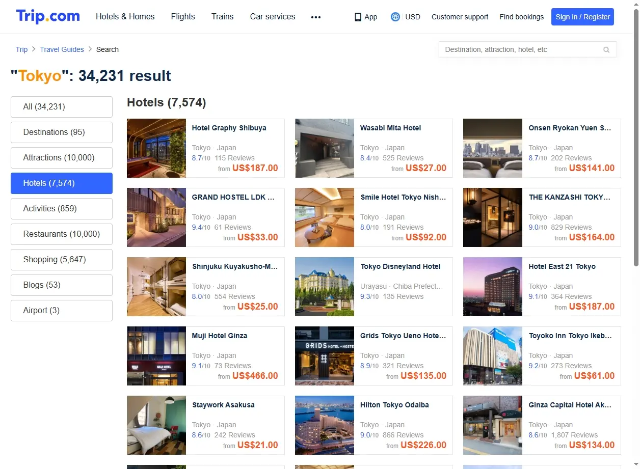 Hôtels disponibles à Tokyo