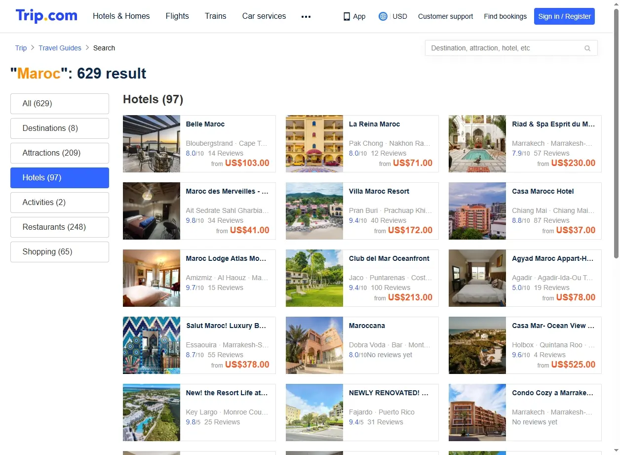 Capture d'écran de Trip.com montrant des offres d'hôtels au Maroc