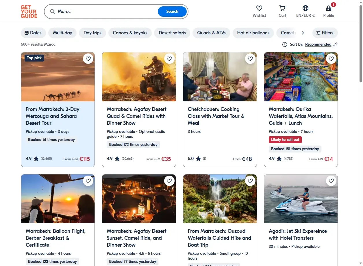 Capture d'écran de GetYourGuide montrant des activités à faire au Maroc