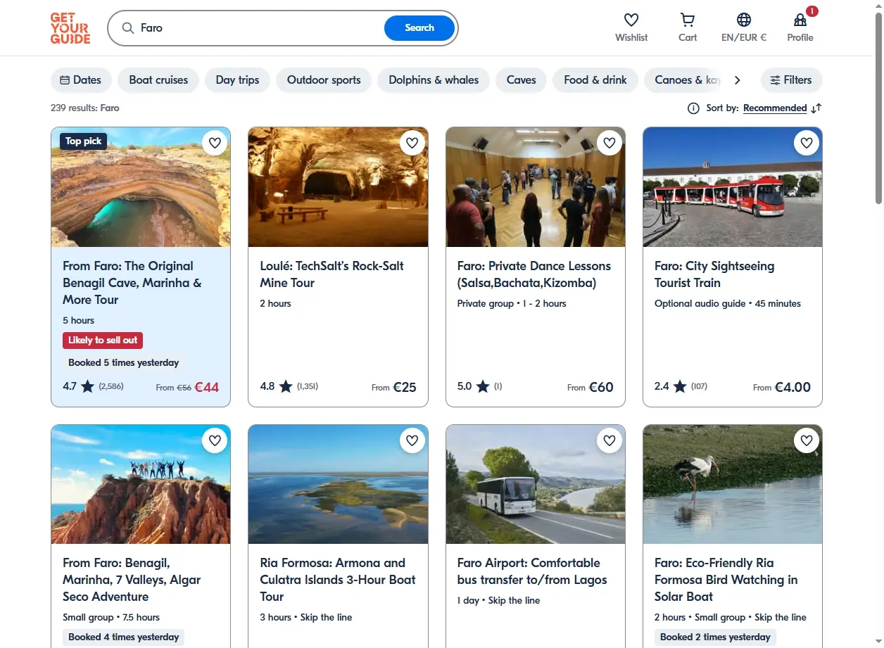 Capture d'écran des activités et excursions disponibles à Faro sur GetYourGuide