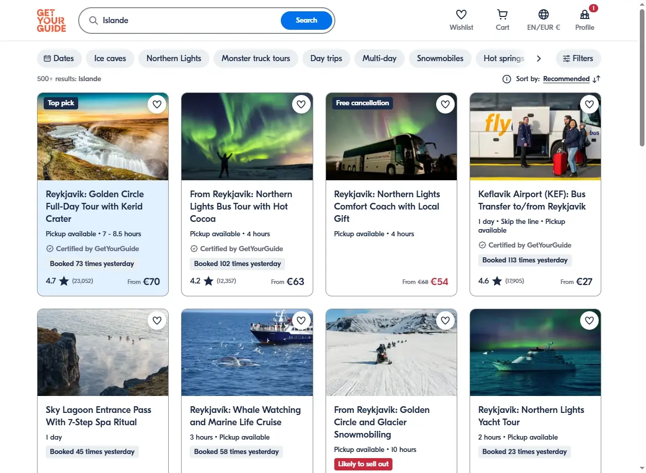 Capture d'écran de site d'activités en Islande