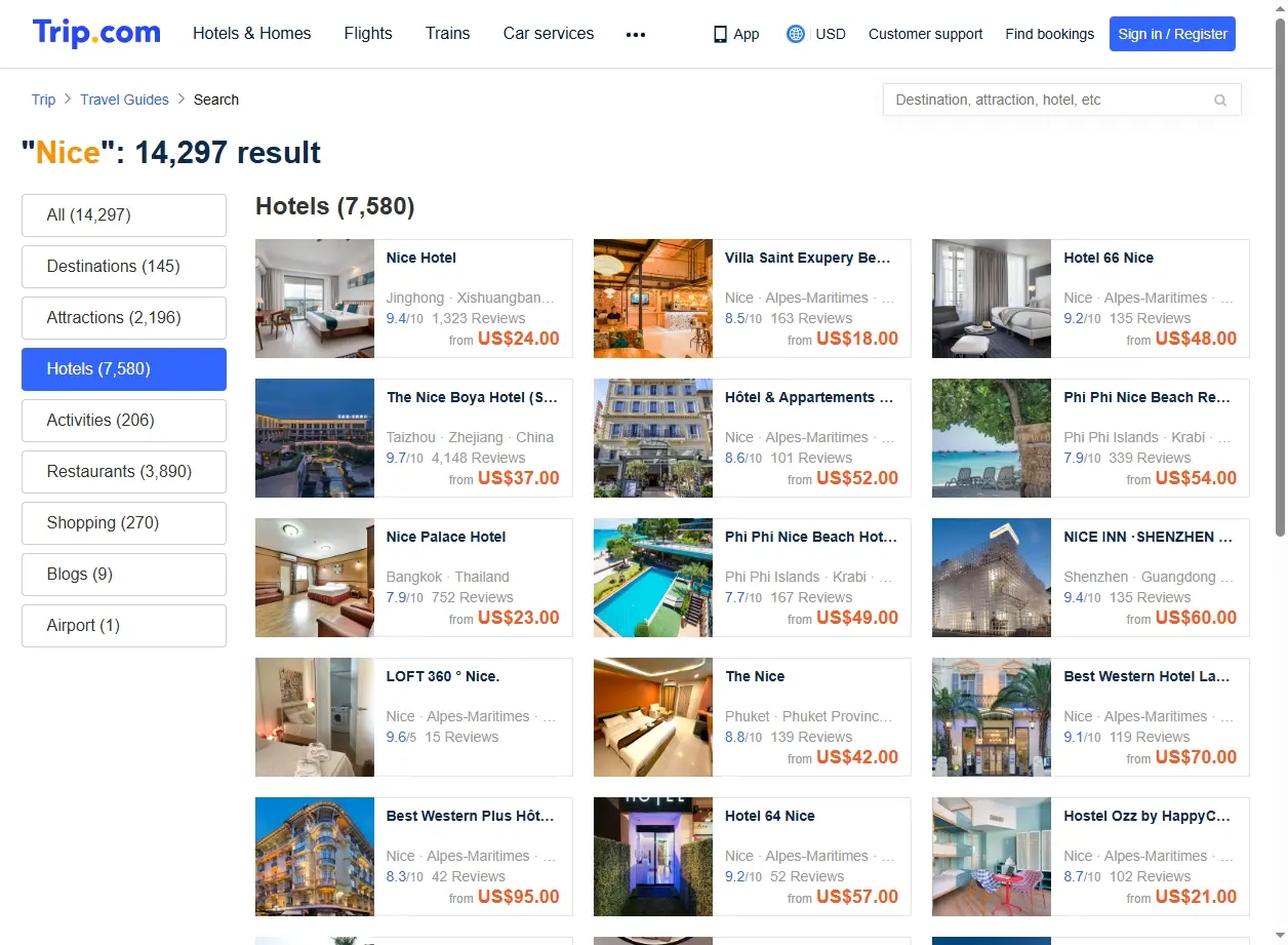 Capture d'écran de Trip.com montrant des offres d'hôtels à Nice