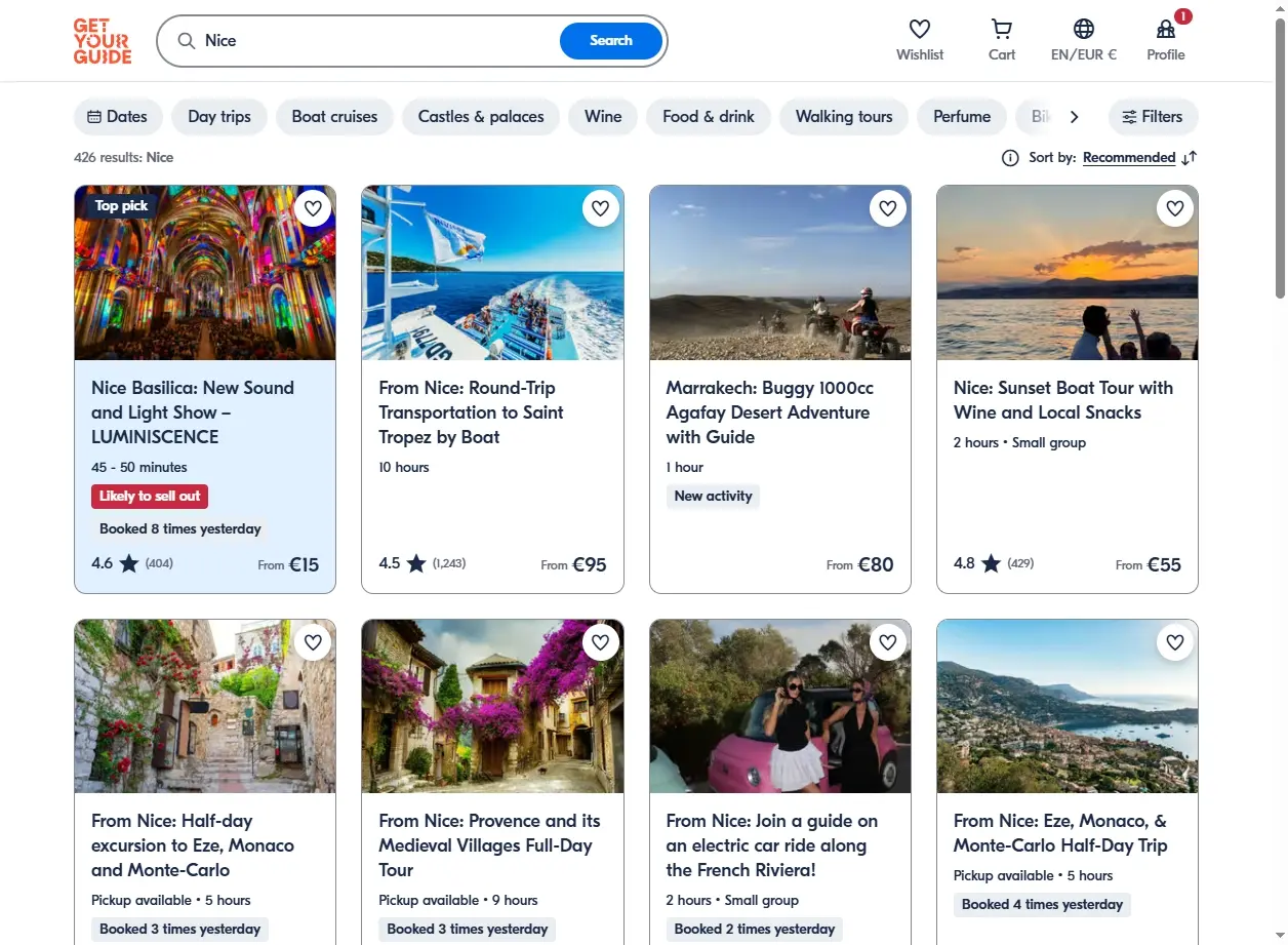 Capture d'écran de GetYourGuide montrant des activités et excursions à Nice
